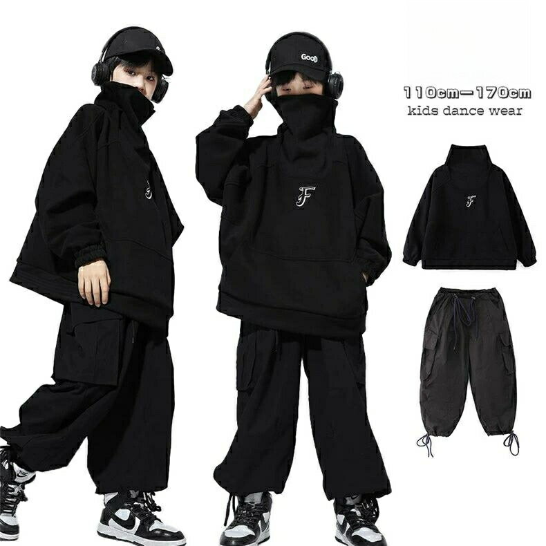Rakuten - 子供服 セットアップ 単品 黒 ブラック ダンス衣装 キッズダンス ハイネック パーカー パンツ 帽子 学生 ダンス発表会 ヒップホップ hiphop オーバーサイズ カッ 女の子 男の子