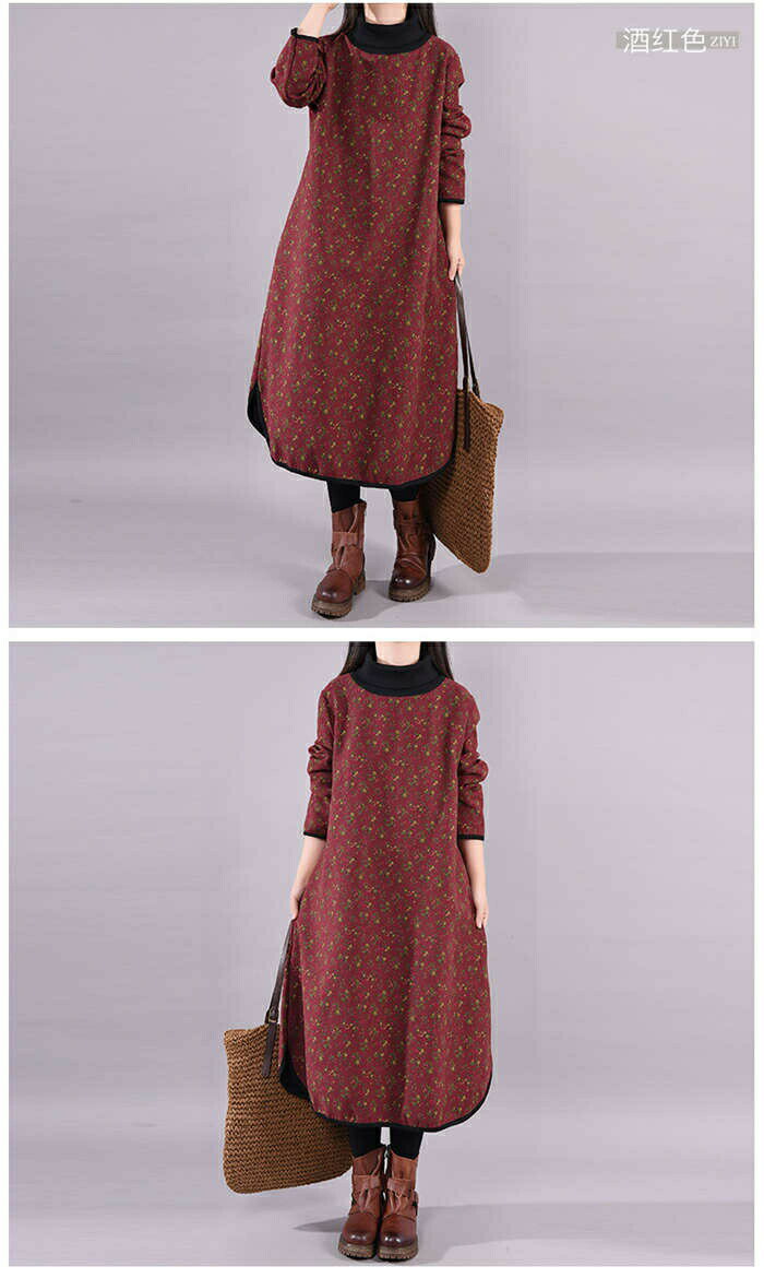 ワンピース 裏起毛ワンピース 秋冬物 裏ボアワンピ ロングワンピース タートルネックワンピー 花柄ワンピース レディース ゆったり 体型カバー 大きいサイズ 花 ロング丈 長袖 厚手