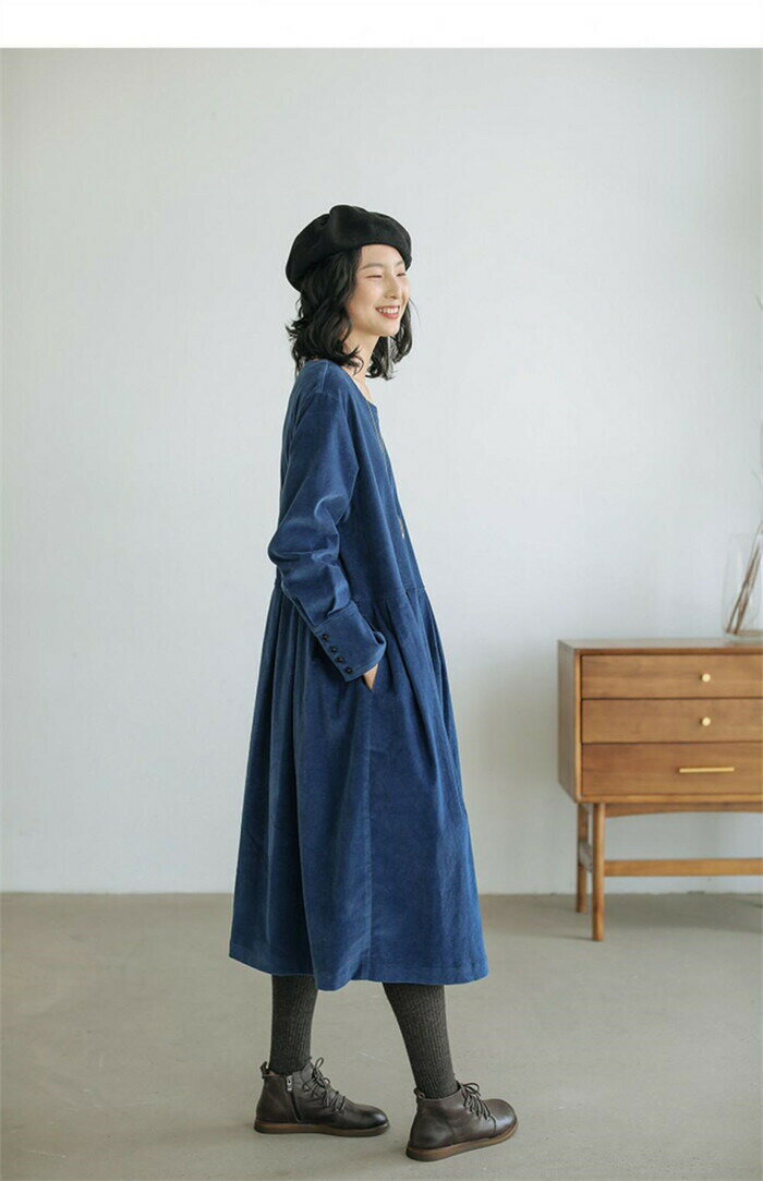 ワンピース 秋冬 キレイめ コーデュロイ ロングワンピース レディース 大きいサイズ 長袖 ロング丈 ロングワンピ ミモレ丈 厚手 ゆったり 着?せ 森 カジュアル 体型カバー