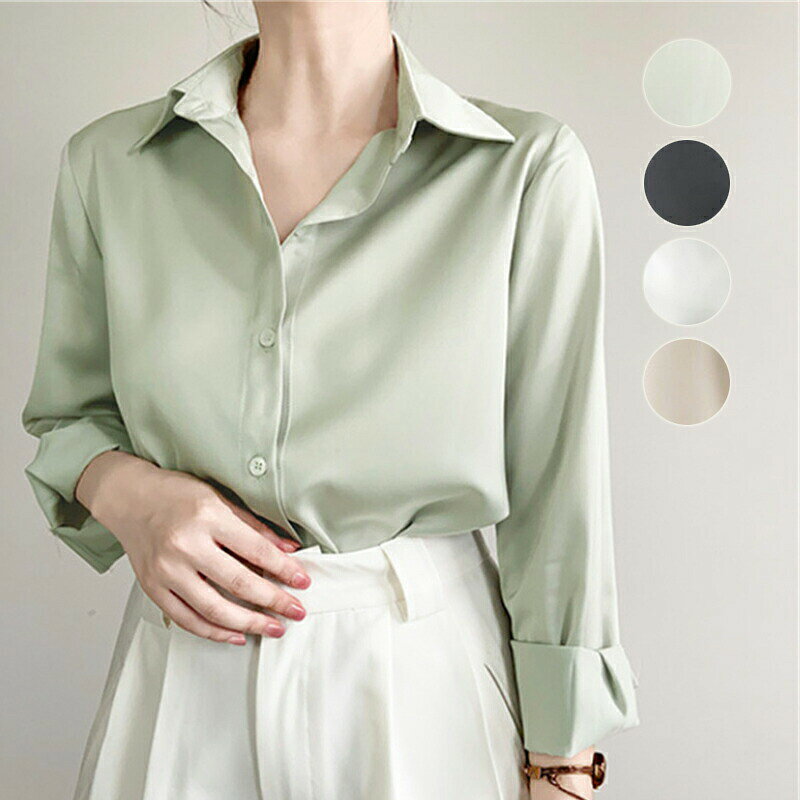 Blouses - ブラウス 光沢感 高級感 シルク風 シャツ レディース 開襟 長袖 春秋 夏 トップス ワイシャツ オフィス シフォン 大きいサイズ おしゃれ きれいめ ビジネス シンプル 卒業式 入学式
