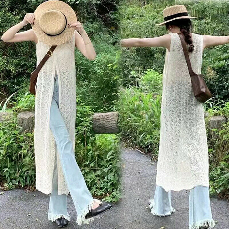 【スーパーSALE！SSP5倍★最大30％OFF】ニットワンピース ロングワンピース レース 袖なし 透かし編み スリット サマーニット 重ね着 レイヤード 透け感 体型カバー 薄手 キャミワンピー 魅力的 きれいめ ノースリーブ