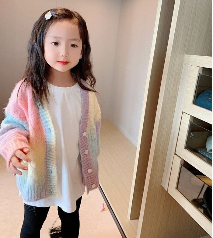 ニット カーディガン 女の子 カーデ レインボー vネック カラフル 長袖 子供服 キ...