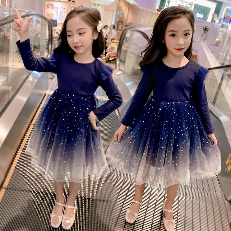 子供ドレス ワンピース 長袖 星柄 女の子 チュニック 入学式 キッズ ドレス フォーマル 卒園式 韓国子供服 チュールドレス 姫様110cm-160cm 発表会 ピアノ