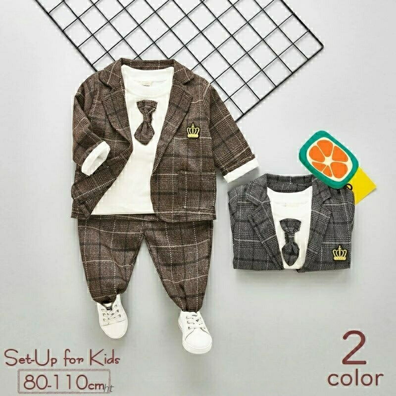 Rakuten - セットアップ 3点セット ジャケット 長袖カットソー ロングパンツ 子供服 キッズ ベビー 男の子 上下セット トレーナー ラウンドネック 格子柄 チェック ネクタイ