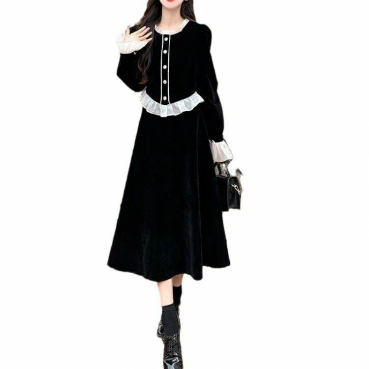 ベルベットワンピース レディース ベロアワンピース 秋冬 Aライン スクエアネック パーティー ドレス ロング丈 オ ふんわり 長袖