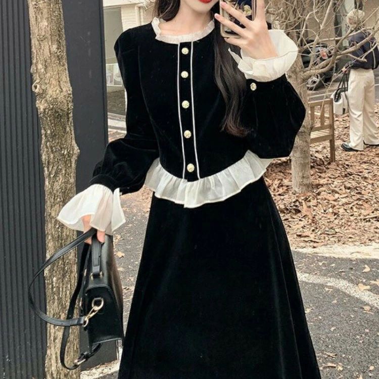 ベルベットワンピース レディース ベロアワンピース 秋冬 Aライン スクエアネック パーティー ドレス ロング丈 オ ふんわり 長袖