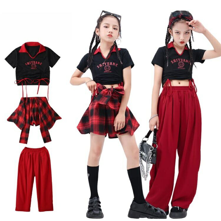 长裤短裤套装 - 赤 チェック柄 キッズ ダンス衣装 セットアップ 女の子 ヒップホップトップス パンツ ロングパンツ 黒 2点セット へそ出し 原宿系 おしゃれ チアガール チアダンス hiphop 舞台 演出服