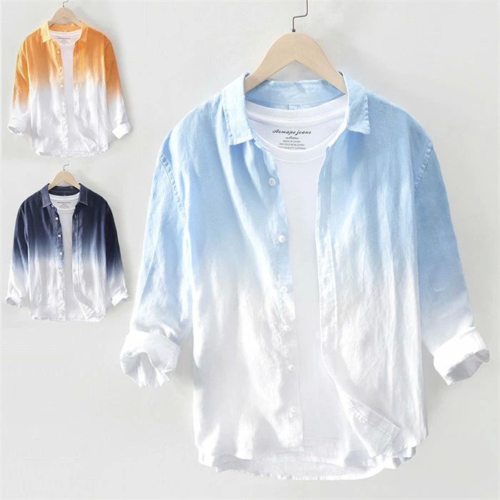 Rakuten - シャツ メンズ リネンシャツ グラデーション 春 秋 亜麻 リネン 長袖シャツ 長袖 poloネック 開襟 開襟シャツ トップス ロールアップ袖 おしゃれ 無地 男性 カジュアルシャツ