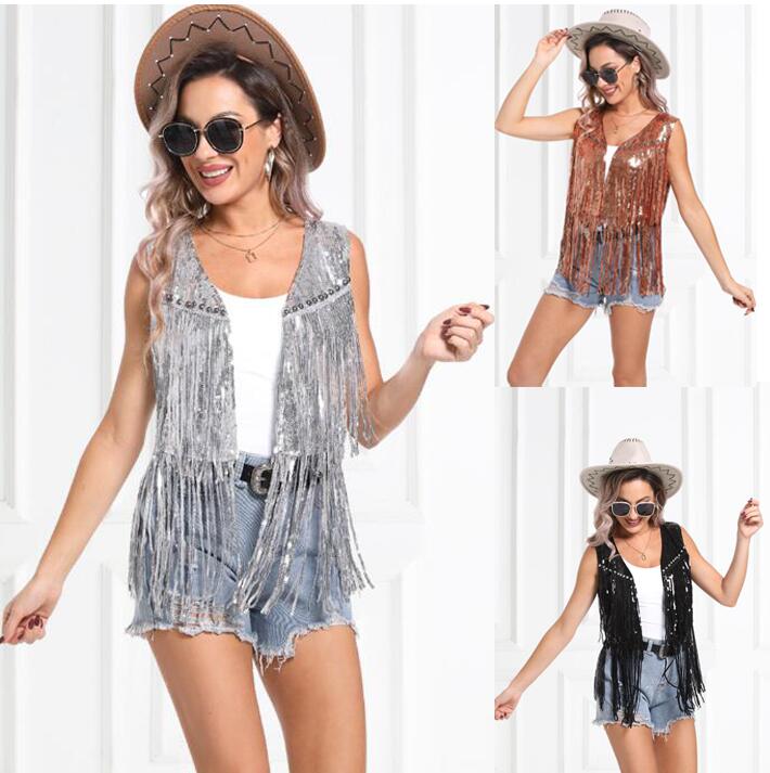 スパンコールベストフランジ付きベストノースリーブカーディガンレディースジャズヒップホップ舞台ダン..