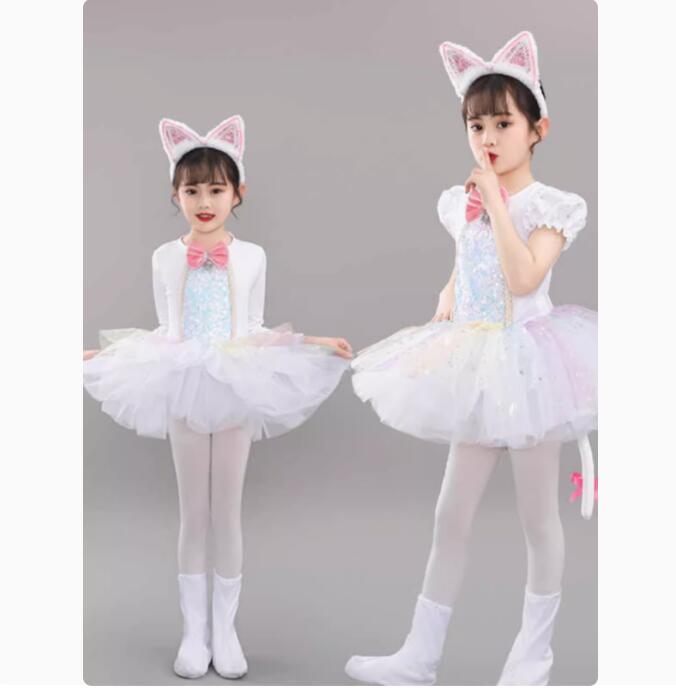 子供バレエダンス衣装 スパンコール女の子バレエダンスドレス半袖 長袖猫カチューシャとお尻付きハロウィンコスプレ衣装 キャラクター イベント学園活動コスプレアニマル 長袖猫カチューシャとお尻付きハロウィンコスプレ衣装 スパンコール女の子バレエダンスドレス半袖