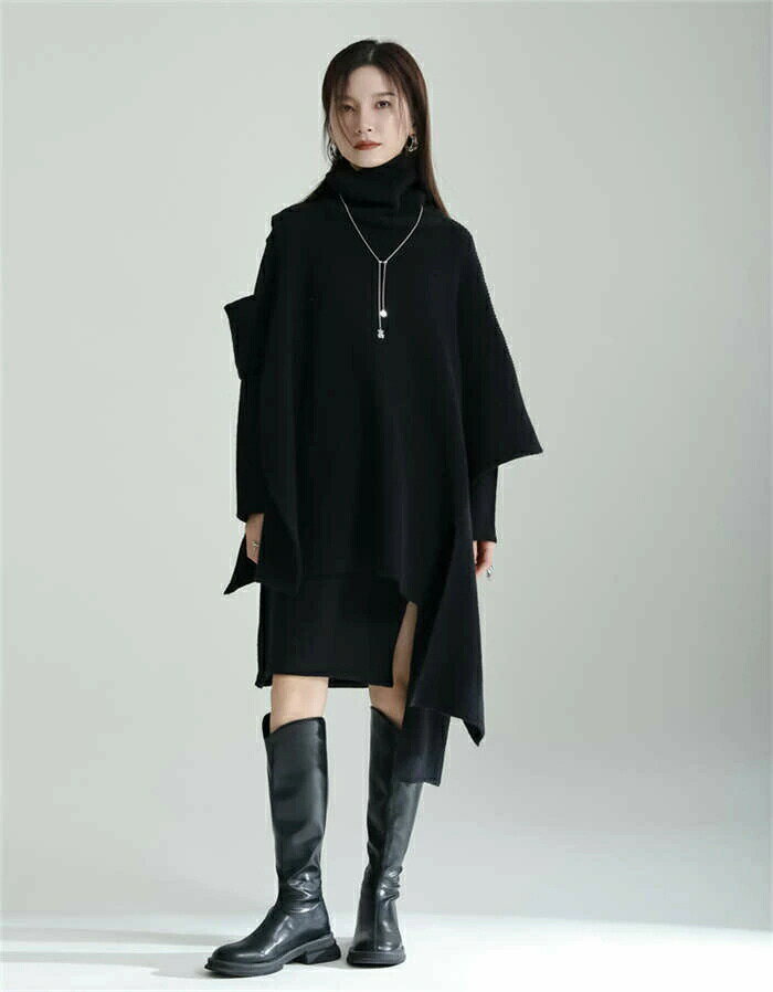 アシンメトリー ニットポンチョセットアップ セットアップ レディース 秋冬 ニット セーター トップス ニットベスト ポンチョ ニットワンピース 変形 ハイネック 上下セット 長袖