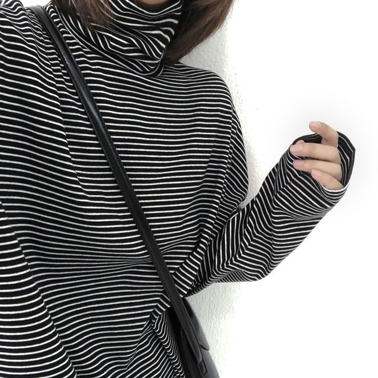 【スーパーSALE限定★P5倍＆最大1000円クーポン】ロンT レディース トップス オールシーズン Tシャツ 長袖 カットソー ゆったり 体型カバー チュニック シンプル ハイネック トータルネック ボーダー柄 コットン 綿 おしゃれ デザイン triringo-10002313 TRIRINGO SHOP サンプル画像3
