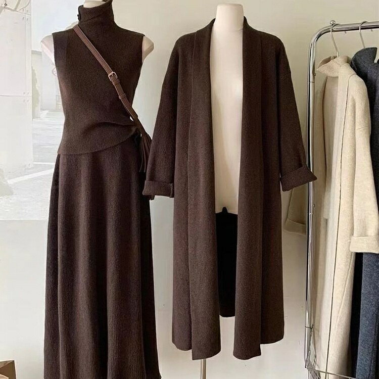 ニット 3点セット レディース 秋冬 スカートスーツ ニットカーディガン&ニットスカート&ニットベスト ハイネック ロングカーディガン ロングスカート ノースリーブ カットソー