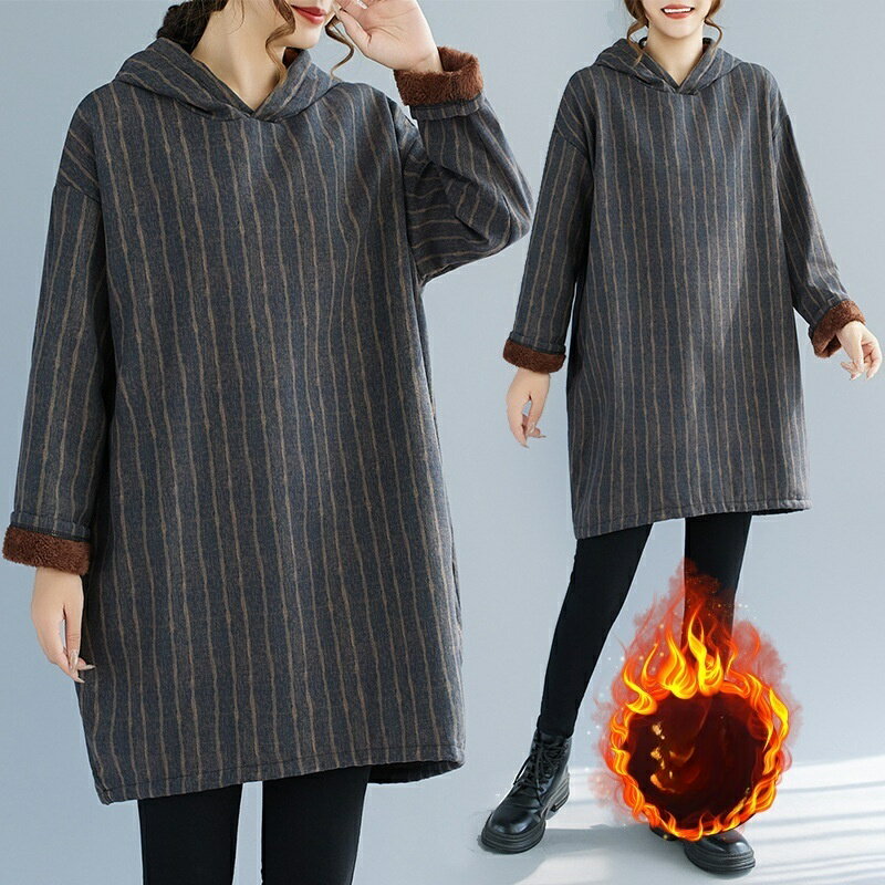 パーカー フード付き レディース 秋冬 裏起毛 ストライプ柄 チュニック カットソー 裏ボア プルオーバー トップス 長袖Tシャツ チュニ..