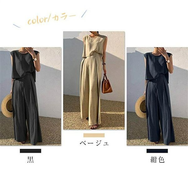 【先着30名限定 2点目半額クーポン】パンツセットアップ レディース 夏 上下セット ワイドパンツ 綿 リネン ブラウス ノースリーブ カジュアル 無地 きれいめ ロングパンツ 体型カバー 着痩せ triringo-10010531 TRIRINGO SHOP サンプル画像2