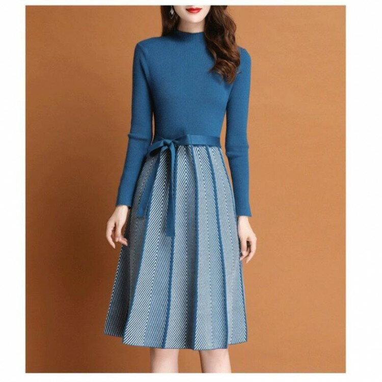 ニットワンピース レディース 40代 秋冬 きれいめ 膝丈ワンピース 長袖 リボン Aラインプリーツスカート ニット 結婚式ドレス 通勤 オシャレ 着痩せ ロング