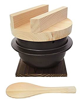 【中古】 スズ木 萬古焼 羽釜 ごはん鍋 三合炊き (しゃもじ・敷板・簡単レシピ付) 黒 6000-4033
