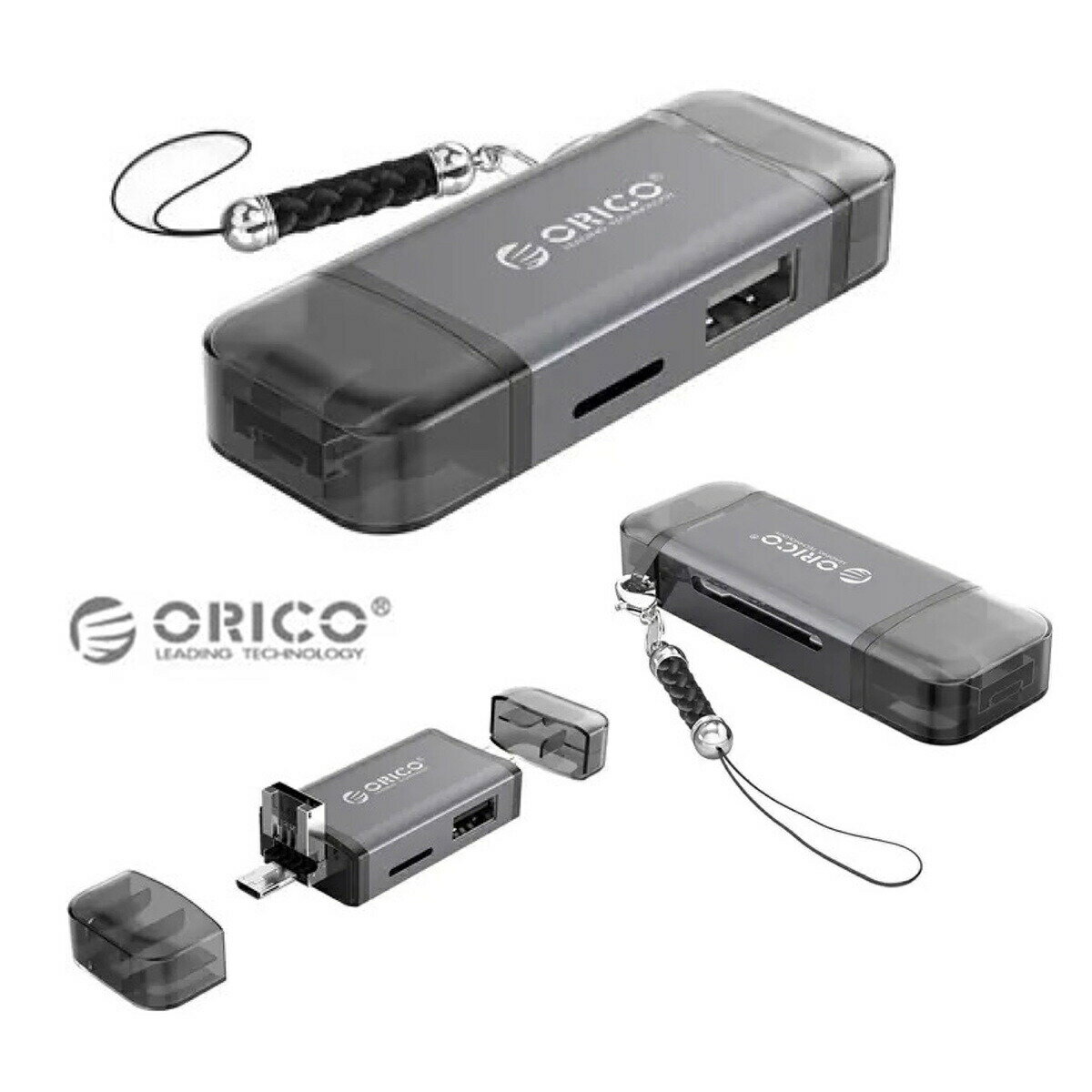 【処分特価】 ORICO 2CR61 カードリーダー 6in1 USB Type-A Type-C microUSB マルチポート microSD SDカード 軽量 リーダー コンパクト バスパワー ストラップ 端子キャップ付き USB2.0 USB-C Windows PC Mac Android タブレット Card Reader オリコ (C) 2CR61