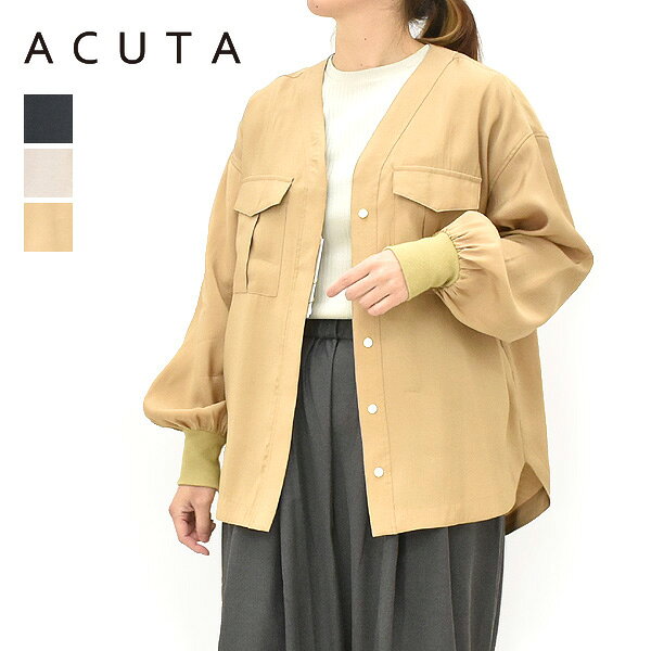 Rakuten - ＼最大2000円OFFクーポン!スーパーSALE!6/11(木)01:59まで／ACUTA アクータ ポリモダールノーカラーブルゾンライクシャツ 10013538 レディース【ブラック/アイボリー/ベージュ】【送料無料】