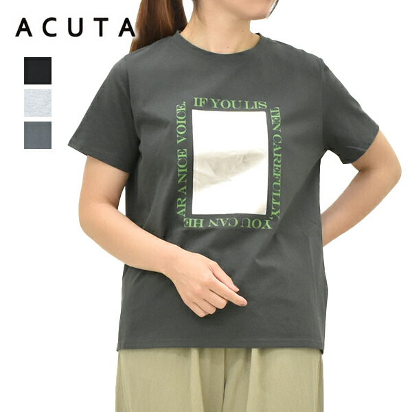 Rakuten - ＼20%OFFクーポン対象!お買い物マラソン!6/26(金)01:59まで／ACUTA アクータ コットン天竺シルバープリントTシャツ 10016793 レディース【ブラック/トップグレー/チャコールグレー】【送料無料】【クリックポスト可】
