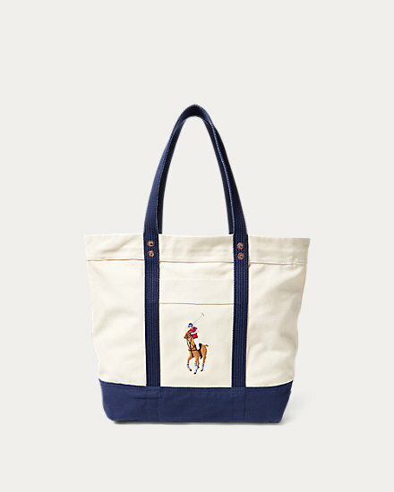 | t[ Y Polo Ralph Lauren Big Pony Canvas Tote Bag g[gobO Natural/Navy