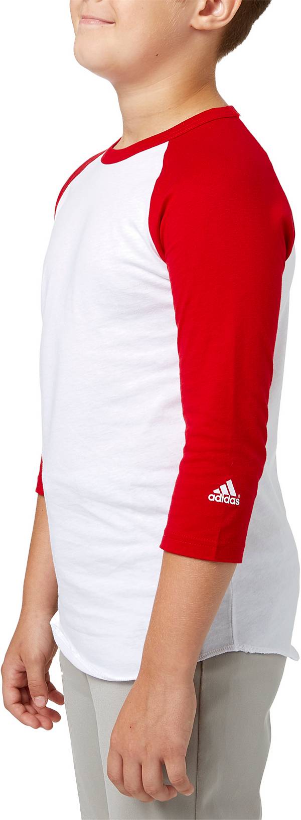 アディダス キッズ 野球 アンダーシャツ adidas Youth Triple Stripe 3/4 Sleeve Baseball Practice Shirt - Red Tango