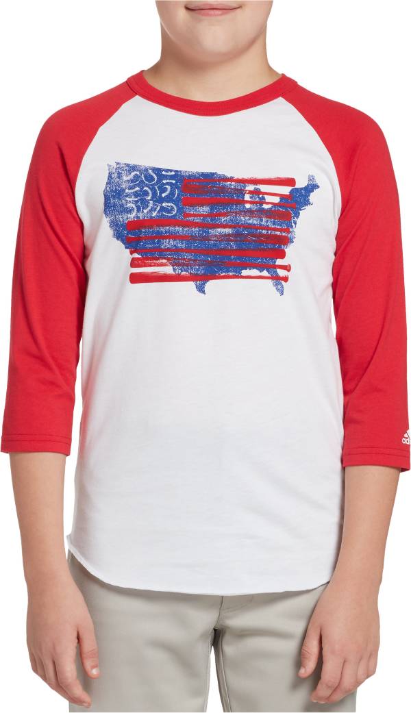 アディダス キッズ Tシャツ adidas Boys' Triple Stripe 3/4 Sleeve Baseball Graphic Shirt - Red Usa Baseball