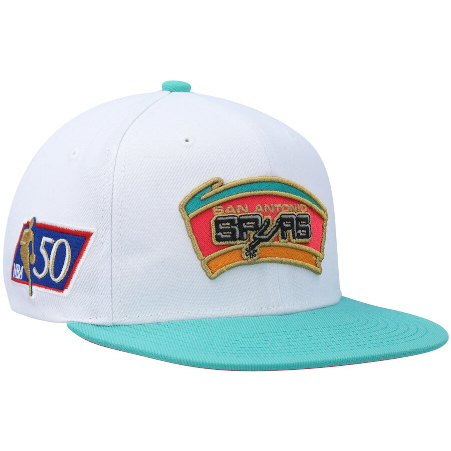 ミッチェルアンドネス メンズ キャップ スパーズ San Antonio Spurs Mitchell & Ness Hardwood Classics 50th Anniversary Snapback Hat - White/Teal