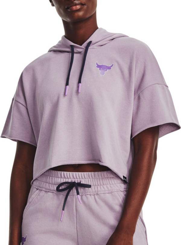 アンダーアーマー レディース パーカー 半袖 Under Armour Women 039 s Project Rock Rival Terry Short Sleeve Hoodie - Purple Haze