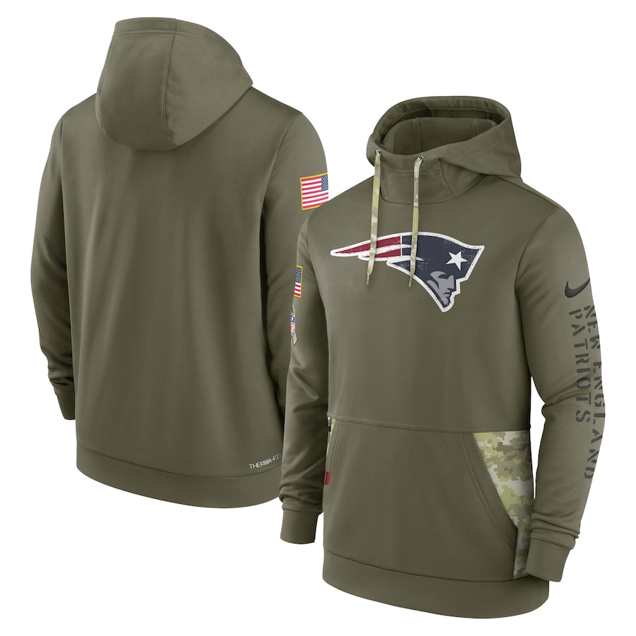 ナイキ メンズ パーカー New England Patriots Nike 2022 Salute to Service Therma Performance Pullover Hoodie - Olive サルート おしゃれ ブランド