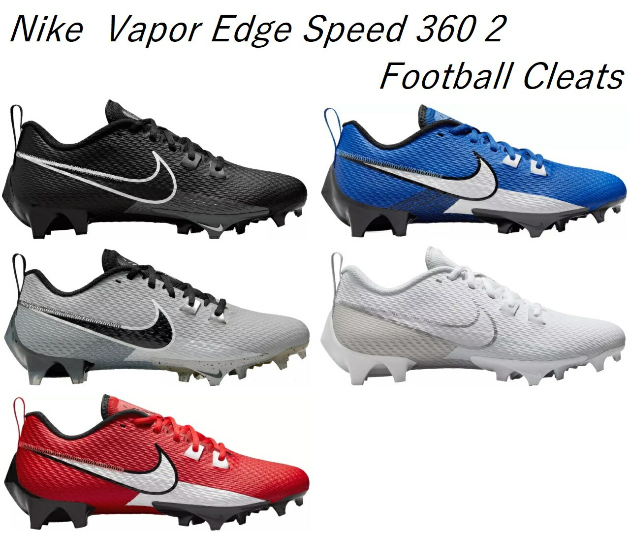 【商品名】 Nike Men's Vapor Edge Speed 360 2 Football Cleats 【カラー】 Black/White　DA5455-010 Grey/Black　DA5455-002 Red/White　DA5455-616 Royal/Grey　DA5455- White/Silver　DA5455-100 【サイズ】 25.0cm　M7.0 25.5cm　M7.5 26.0cm　M8.0 26.5cm　M8.5 27.0cm　M9.0 27.5cm　M9.5 28.0cm　M10.0 28.5cm　M10.5 29.0cm　M11.0 29.5cm　M11.5 30.0cm　M12.0 31.0cm　M13.0 【お届け予定】 ■お客様のお手元におよそ3週間〜1ヶ月をお届けの目安としております。 ■USA販売元よりアメリカ内での弊社倉庫へ一度集めてから日本へ輸出します。 ■日本内弊社事務所にて検品してからお客様へ発送します。 ■USA販売元より在庫確認はしておりますが、購入時に完売している場合もございます。その場合は手配可能な他サイズ/カラー/類似商品をご提案させて頂きます。 ■ご予約販売の性質上、コンビニ・銀行振込等の決済は入金確認後の買い付けになりますのでお届け予定が遅くなる可能性があります。 ■高額レア商品の発送後受け取り拒否多発のため、35,000円以上のご注文は代引き支払いは受け付けておりません。