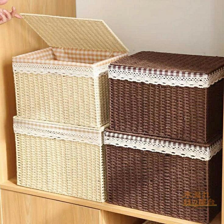 【全品5%ポイント】4サイズ　ふた付き 北欧雑貨 脱衣 バスケット 編み蓋付き かご ...
