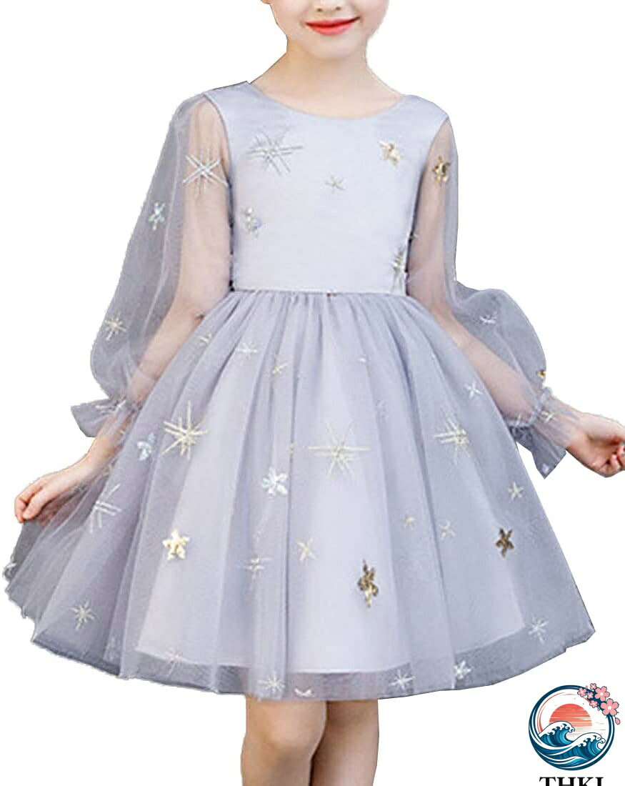 【全品5%ポイント】子供ドレス 女の子 ワンピース ドレス ガールズ 長袖ドレス 長袖ワンピース ロングドレス 長袖 ロング クルーネック チュール フレア袖 ファッション スパンコール フォーマル プリンセス 星柄 入