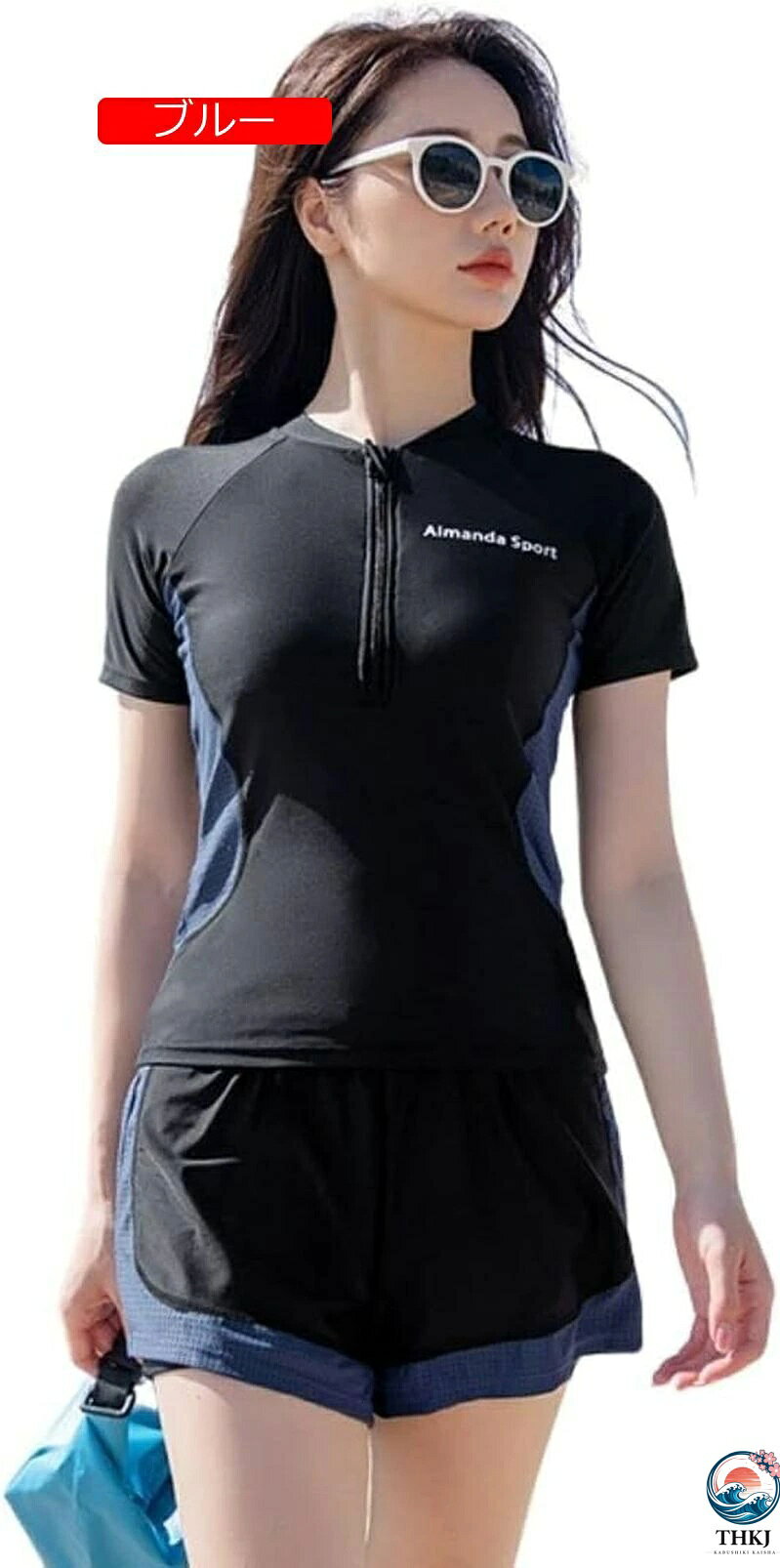 TR online storeの【全品5%ポイント】水着 レディース フィットネス 前開き セパレート 2点セット 半袖 Tシャツ ショーツ 体型カバー 大きいサイズ タンキニ 練習水着 UVカット 露出控えめ ソフト肌触り スイムウエア 水陸両用 ス｜アングル2