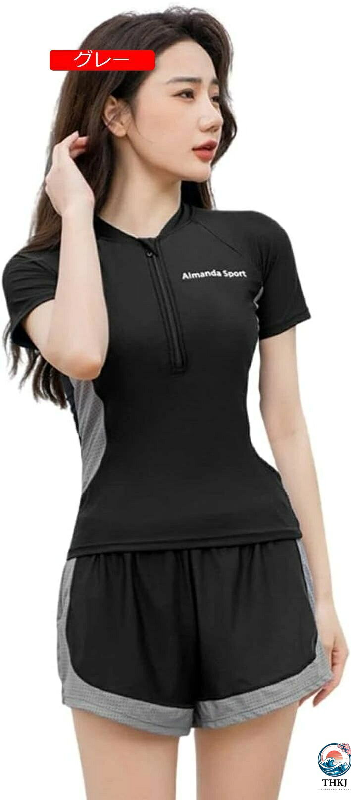 TR online storeの【全品5%ポイント】水着 レディース フィットネス 前開き セパレート 2点セット 半袖 Tシャツ ショーツ 体型カバー 大きいサイズ タンキニ 練習水着 UVカット 露出控えめ ソフト肌触り スイムウエア 水陸両用 ス｜アングル3