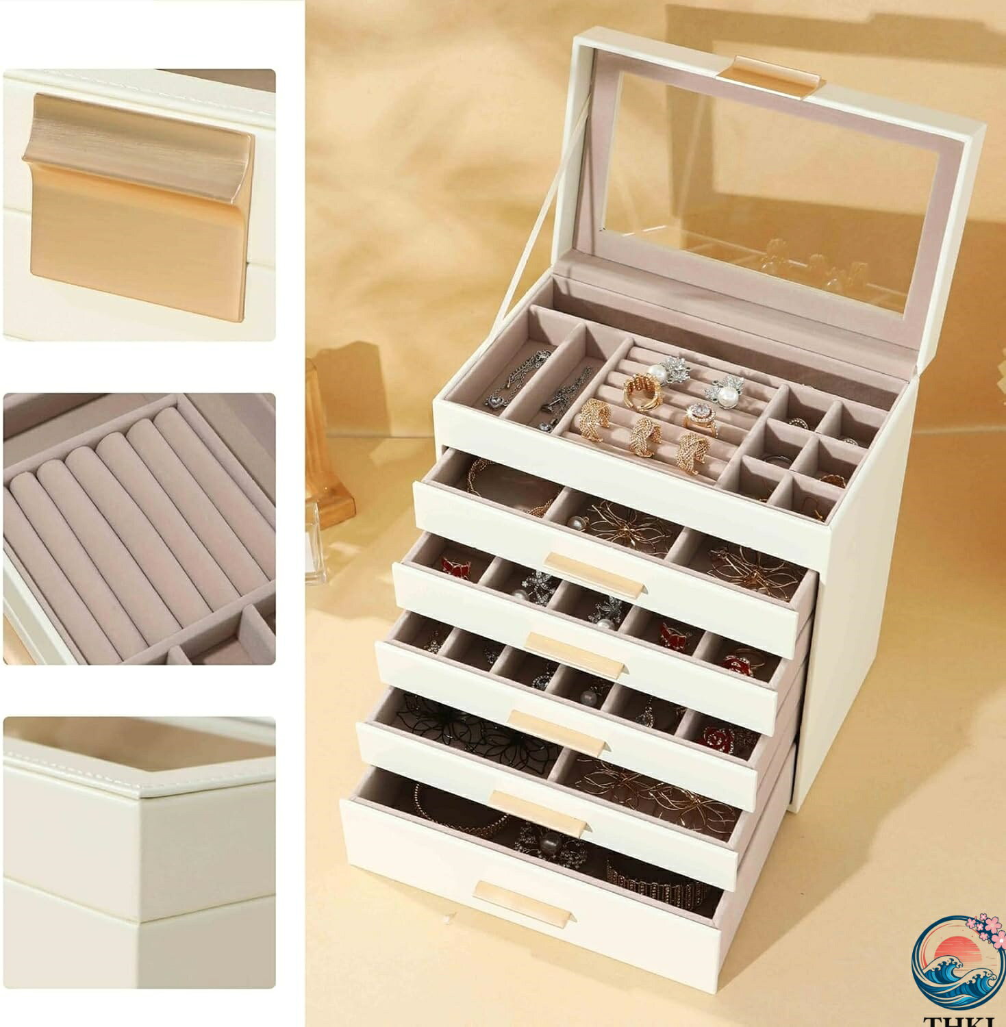 TR online storeの【全品5%ポイント】アクセサリーボックス 6層 仕切り付き ジュエリー収納 たっぷり収納 ケース PUレザー ネックレス イヤリング 宝石箱 大容量 頑丈 女性 防塵 引き出し付き インテリア エレガント｜アングル3