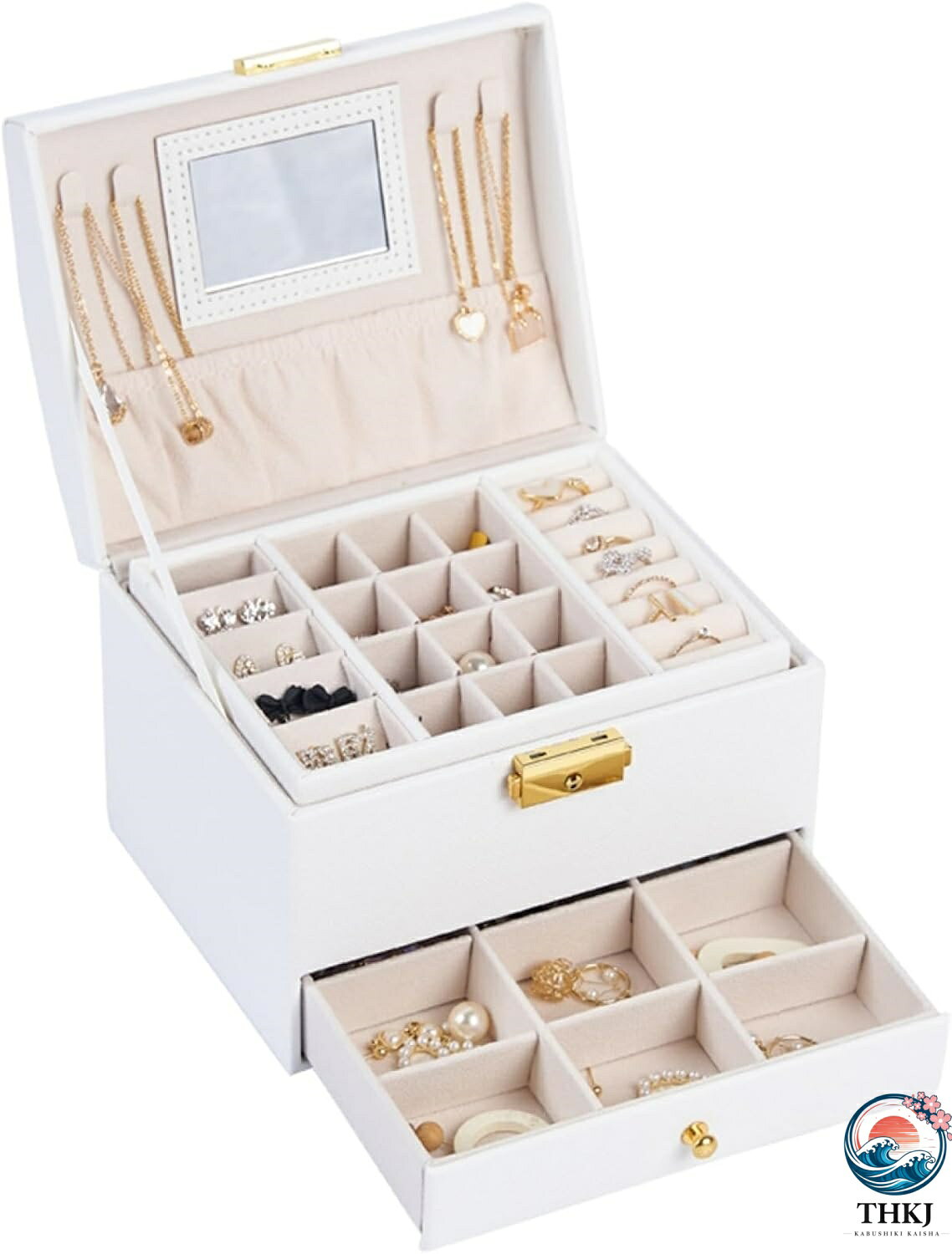 【全品5%ポイント】ジュエリーボックス アクセサリーケース 鏡付き ジュエリー収納 宝石箱 大容量 鍵付き 引き出し おしゃれ 小物入れ ピアス ネックレス リング 指輪置き 女の子 女性用 ホワイト