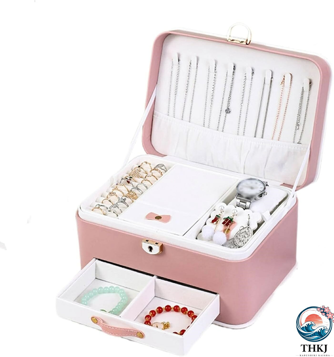 Accessories Cases - ジュエリーボックス アクセサリーケース 鏡付き ジュエリー収納 宝石箱 大容量 鍵付き 引き出し おしゃれ 小物入れ ピアス ネックレス リング 指輪置き 女の子 女性用 ピンク