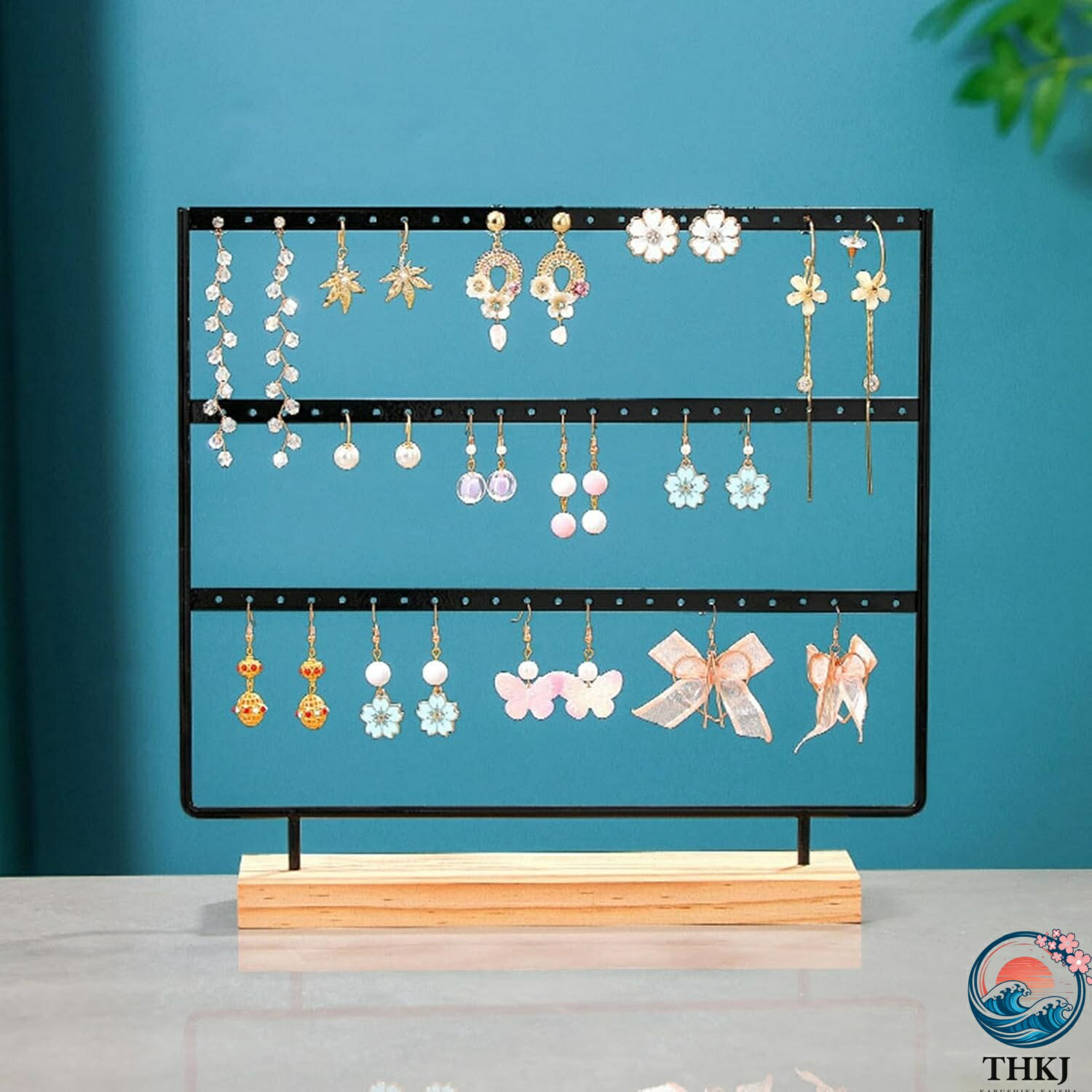 [5% Points on All Items] Women's Jewelry Stand 32*7*28cm Earring Holder Iron + Wooden Base Necklace & Bracelet Hanger Large Capacity Display Storage Popular Space-Saving Earring Storage Small Item Tray Display