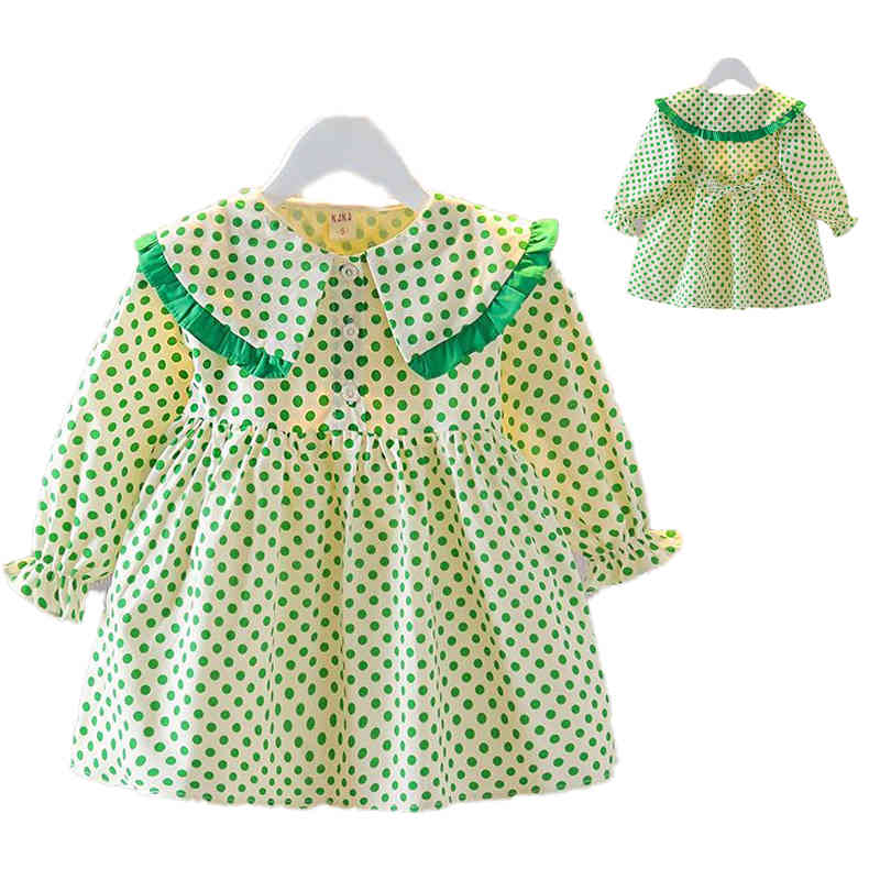 Rakuten - フリルワンピース キッズ ロングワンピース ドット柄ワンピース 折襟ワンピース 女の子 ドット柄 長袖 おしゃれワンピース カジュアル シンプル 長袖 おしゃれ おでかけ ワンピース