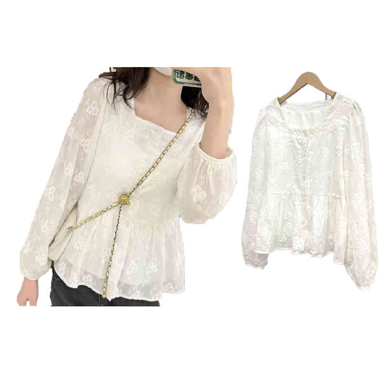 フリルブラウス レディース 刺繍ブラウス 春夏 シャツブラウス 刺繍 長袖 おしゃれブラウス フォーマルブラウス 着痩せ トップス ゆったり 無地 シンプル カジュアル フェミニン おでかけ 送料無料