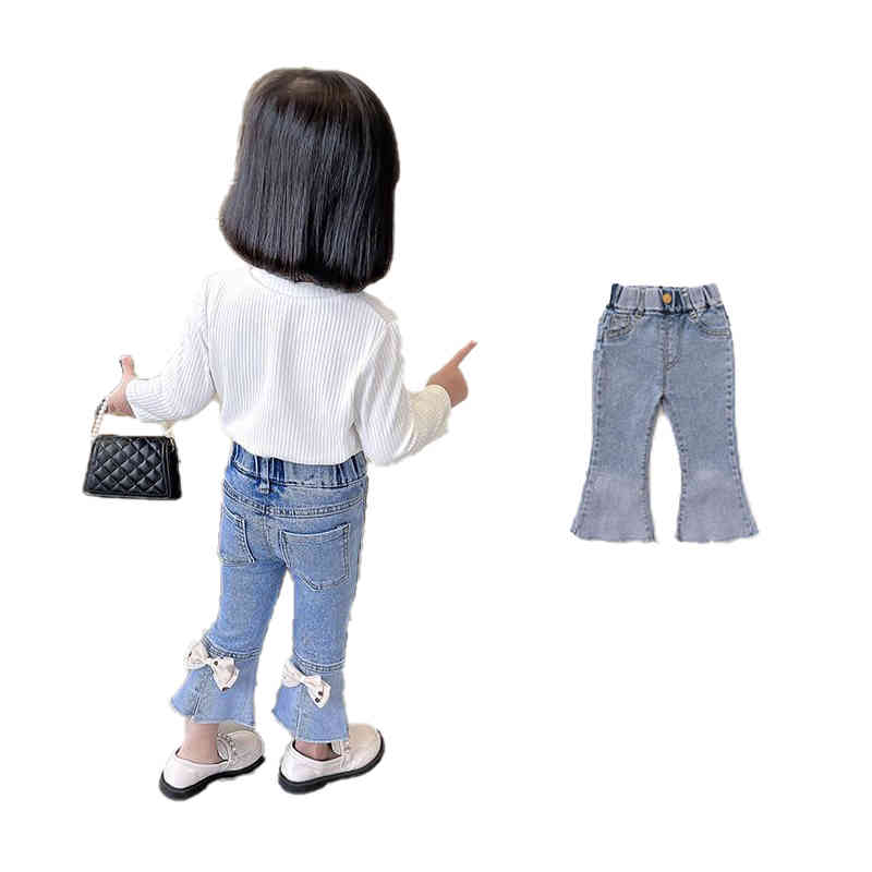 Rakuten - ジュニア 長ズボン 子供パンツ デニム ボトムス キッズ ロングパンツ 女の子 デニムパンツ フレアパンツ フレア 可愛い ウェストゴム リボン 送料無料 伸縮性 春秋