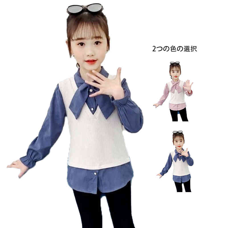 樂天商城 - リボンブラウス 春秋 フリルブラウス キッズ 女の子 おしゃれブラウス シャツブラウス 長袖 ゆったり 切り替え シャツブラウス 重ね風ブラウス 無地 シンプル カジュアル おしゃれ 切り替えブラウス