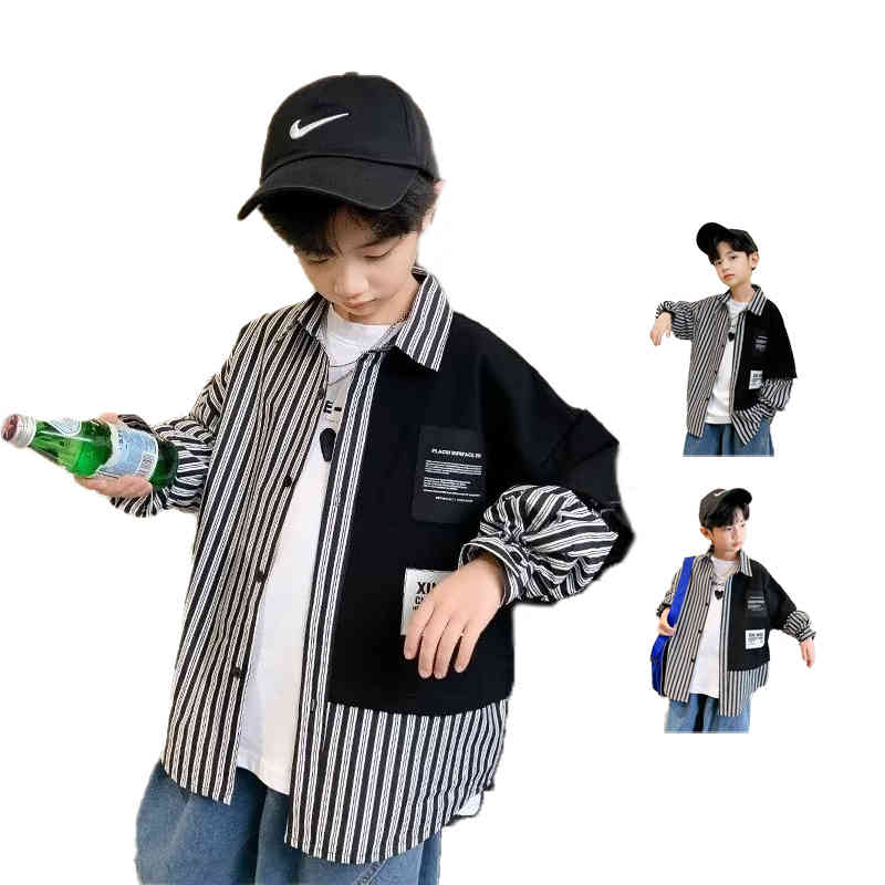 Rakuten - 長袖 折襟ジャケット シャツ 男の子 春秋 ストライプシャツ キッズ ショートジャケット アウター 子供服 切り替え おしゃれジャケット 子供服 送料無料