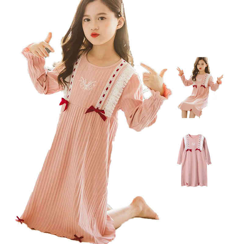 パジャマワンピース ルームパジャマ 春秋 キッズ 長袖 リボン ロングワンピース リボンワンピース レー..