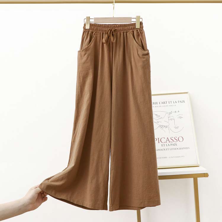 送料無料 ガウチョパンツ レディース コットン リネンパンツ ワイドパンツ ハイウエスト 九分丈パンツ 綿麻 リラックス ストレートパンツ ウエストゴム ポケット付き 薄手 無地 おしゃれ ゆったり 大きいサイズ きれいめ 春 夏 秋 女性 ファッション