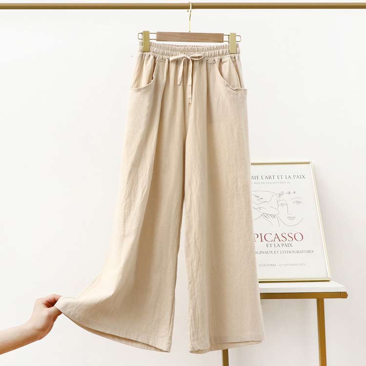 送料無料 ガウチョパンツ レディース コットン リネンパンツ ワイドパンツ ハイウエスト 九分丈パンツ 綿麻 リラックス ストレートパンツ ウエストゴム ポケット付き 薄手 無地 おしゃれ ゆったり 大きいサイズ きれいめ 春 夏 秋 女性 ファッション