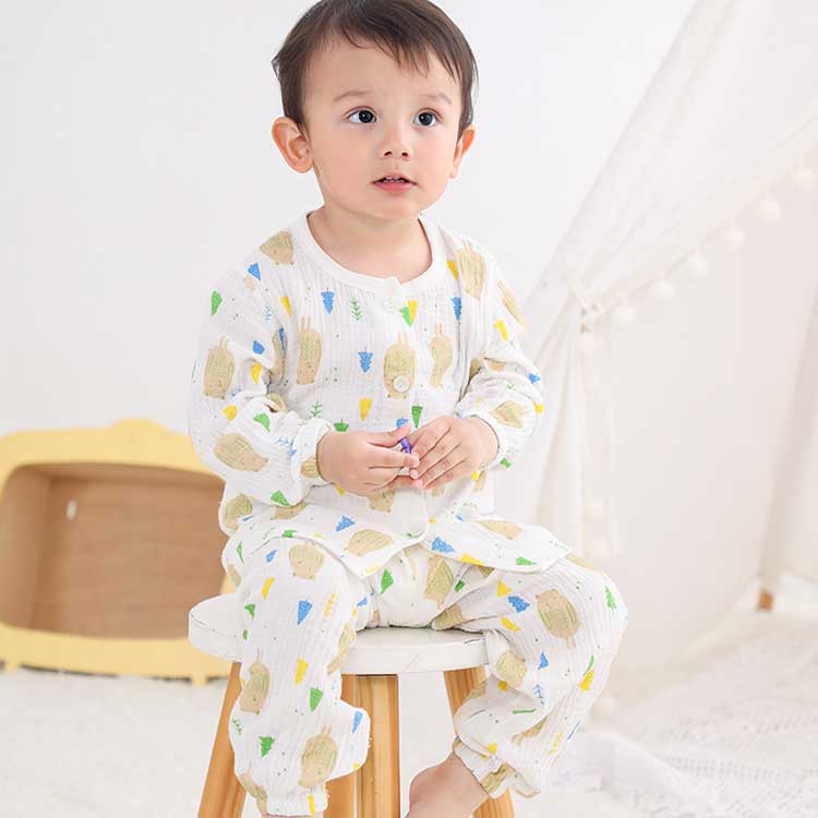 ダブルガーゼ パジャマ キッズ 長袖 前開き 薄手 総柄 女の子 男の子 ノーカラー ガーゼ コットン 男児 女児 ユニセックス 小学生 部屋着ルームウェア かわいい おしゃれ 可愛い 全6色