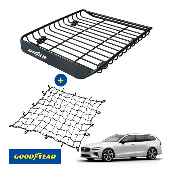 【GOODYEAR正規品】 スチール ルーフラック MEGA PRO ＋ ルーフネット セット 1341mm×124mm×1105mm 耐荷重100kg ブラック 組み立て式 GOODYEARロゴ入り ルーフキャリア バスケット ベースキャリア装着車両 ボルボ V60 ZB