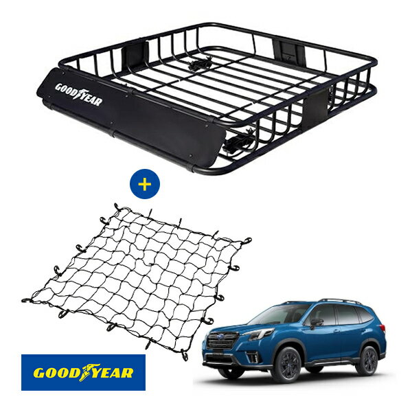 【GOOD YEAR正規品】 スチール ルーフラック ROAD PRO ＋ ルーフネット セット 1111mm×158mm×993mm 耐荷重100kg ブラック 組み立て式 GOOD YEARロゴ入り ルーフキャリア バスケット ベースキャリア装着車両 スバル フォレスター SK系